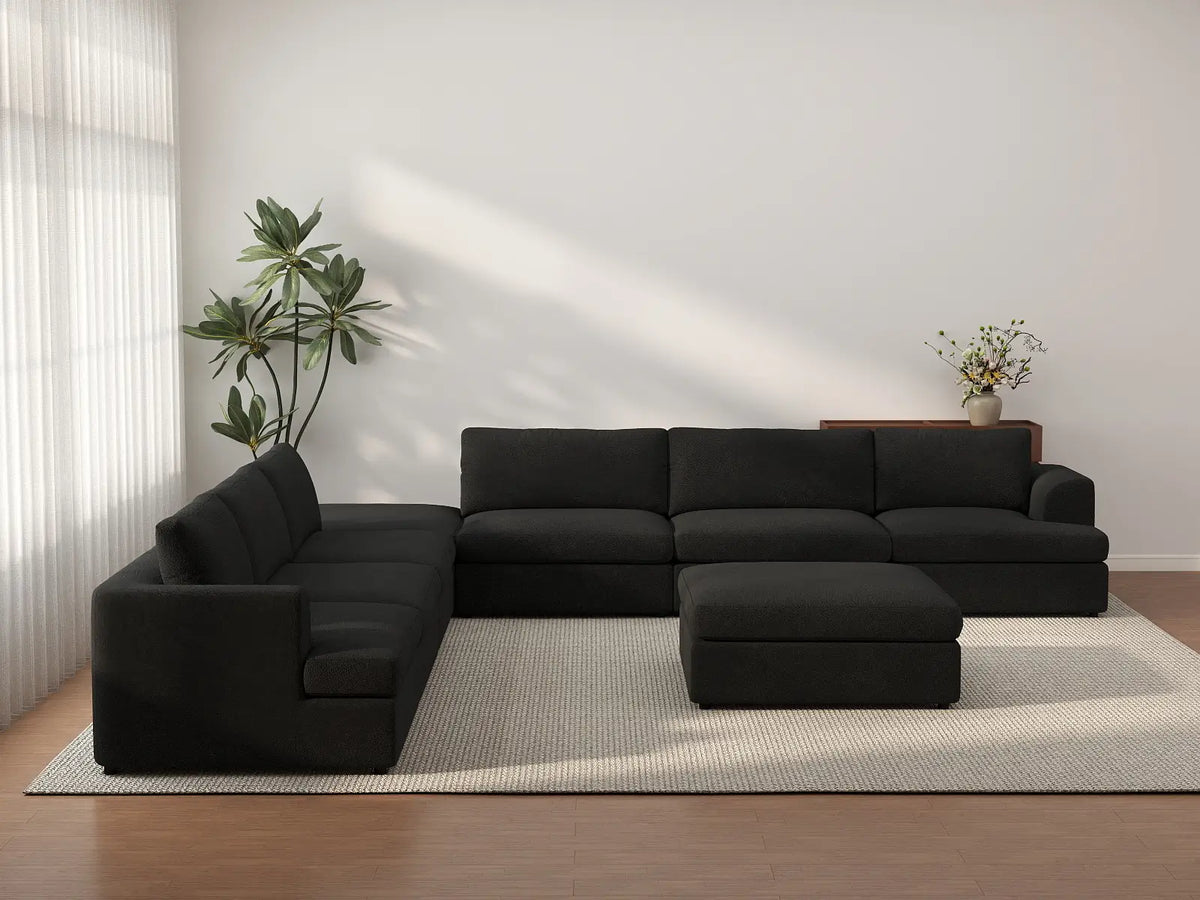 Deluxe Cloud 6-Seater Black Sofa Set | 8-Piece (Includes 2 Ottomans), Bouclé Sherpa-Like Fabric, Washable Cushion Covers