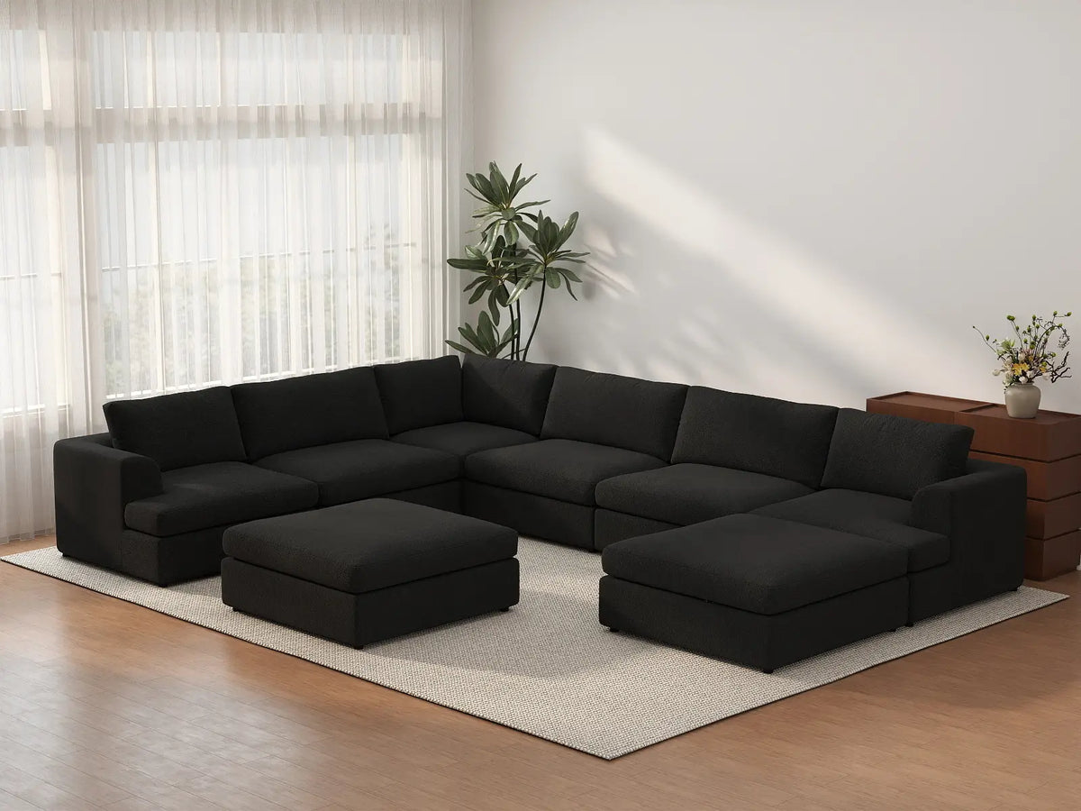 Deluxe Cloud 6-Seater Black Sofa Set | 8-Piece (Includes 2 Ottomans), Bouclé Sherpa-Like Fabric, Washable Cushion Covers