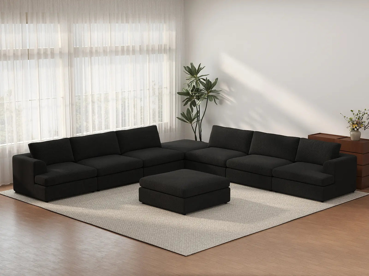 Deluxe Cloud 6-Seater Black Sofa Set | 8-Piece (Includes 2 Ottomans), Bouclé Sherpa-Like Fabric, Washable Cushion Covers