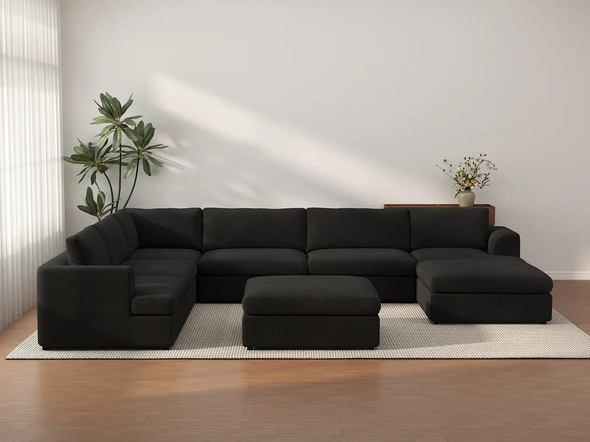 Deluxe Cloud 6-Seater Black Sofa Set | 8-Piece (Includes 2 Ottomans), Bouclé Sherpa-Like Fabric, Washable Cushion Covers