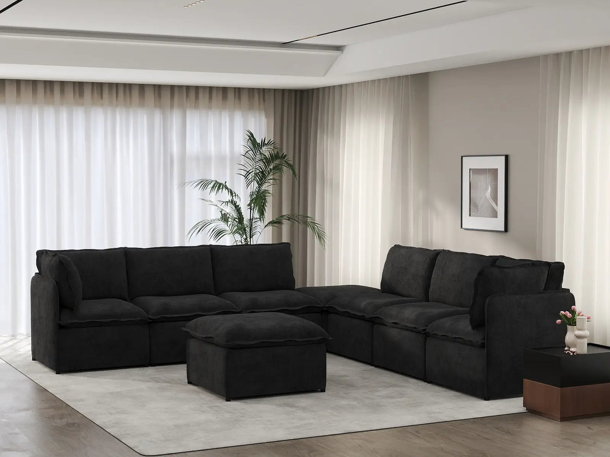 Deluxe Cloud 6-Seater Black Sofa Set | 8-Piece (Includes 2 Ottomans), Linen Look Poly Fabric, Washable Cushion Covers
