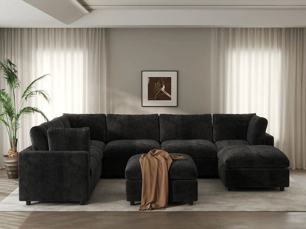 Deluxe Cloud 6-Seater Black Sofa Set | 8-Piece (Includes 2 Ottomans), Linen-Blend Chenille Fabric, Washable Cushion Covers