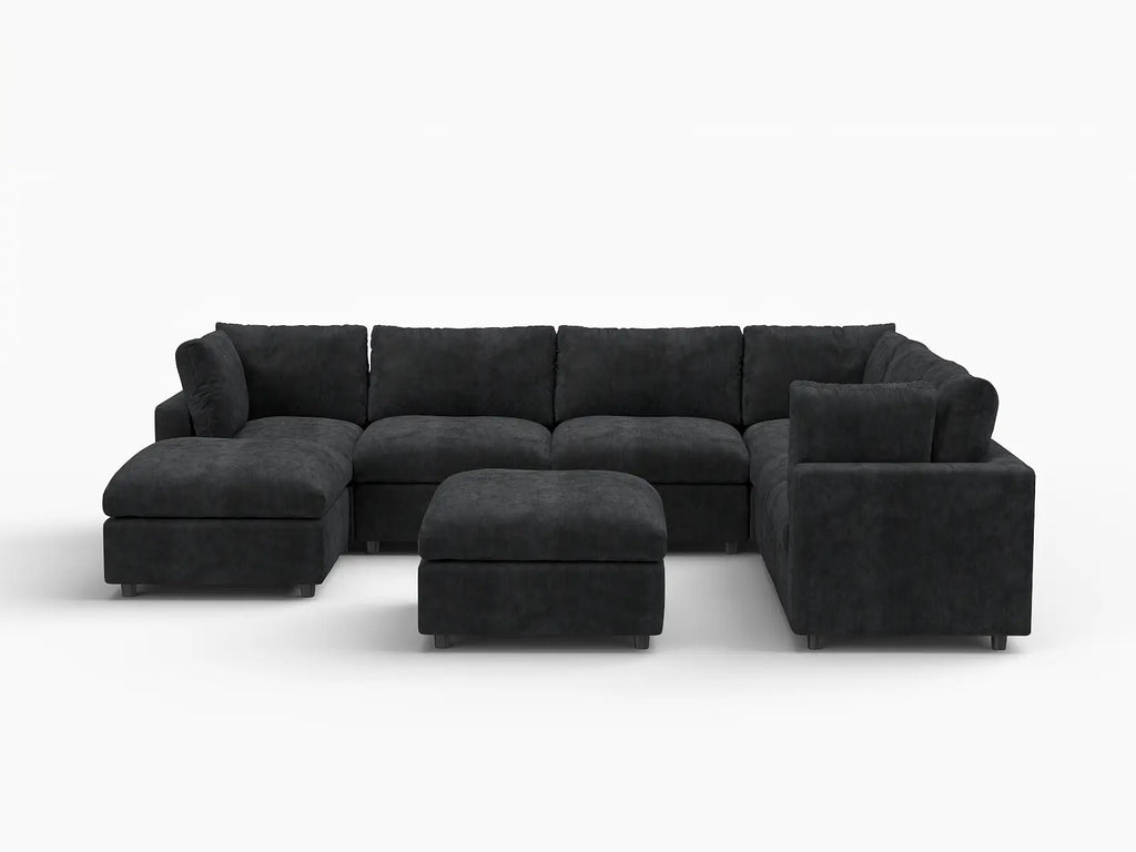 Deluxe Cloud 6-Seater Black Sofa Set | 8-Piece (Includes 2 Ottomans), Linen-Blend Chenille Fabric, Washable Cushion Covers