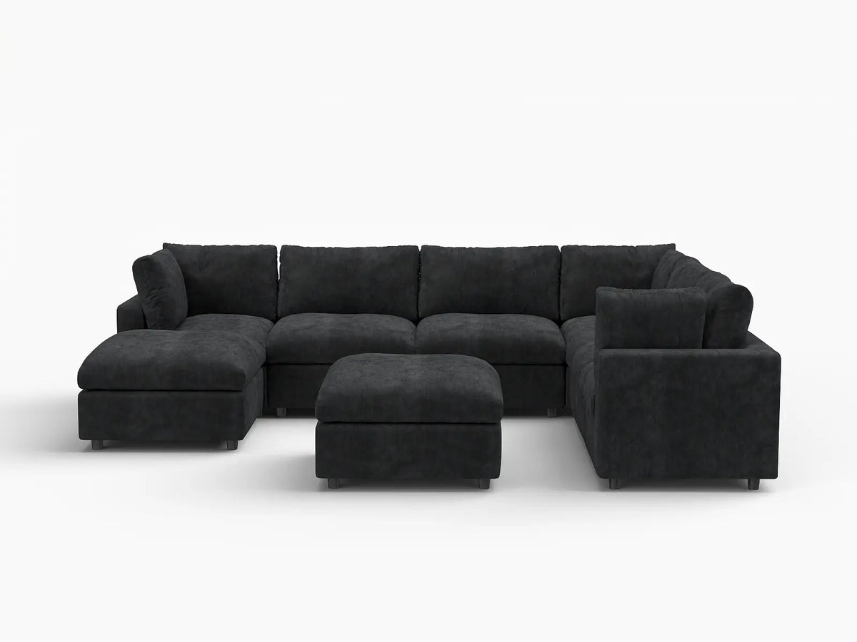 Deluxe Cloud 6-Seater Black Sofa Set | 8-Piece (Includes 2 Ottomans), Linen-Blend Chenille Fabric, Washable Cushion Covers