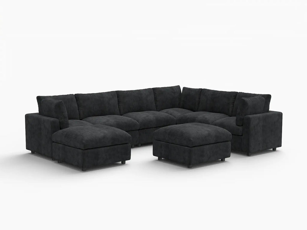 Deluxe Cloud 6-Seater Black Sofa Set | 8-Piece (Includes 2 Ottomans), Linen-Blend Chenille Fabric, Washable Cushion Covers
