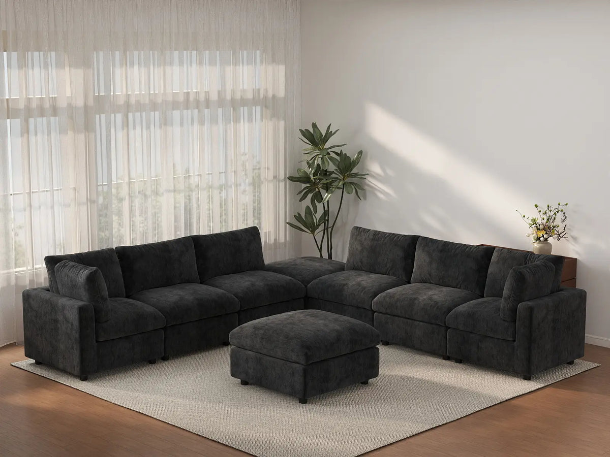 Deluxe Cloud 6-Seater Black Sofa Set | 8-Piece (Includes 2 Ottomans), Linen-Blend Chenille Fabric, Washable Cushion Covers