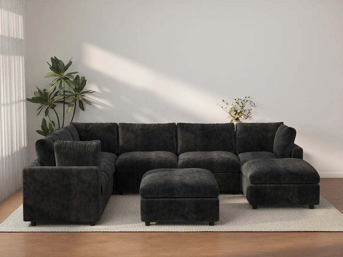 Deluxe Cloud 6-Seater Black Sofa Set | 8-Piece (Includes 2 Ottomans), Linen-Blend Chenille Fabric, Washable Cushion Covers