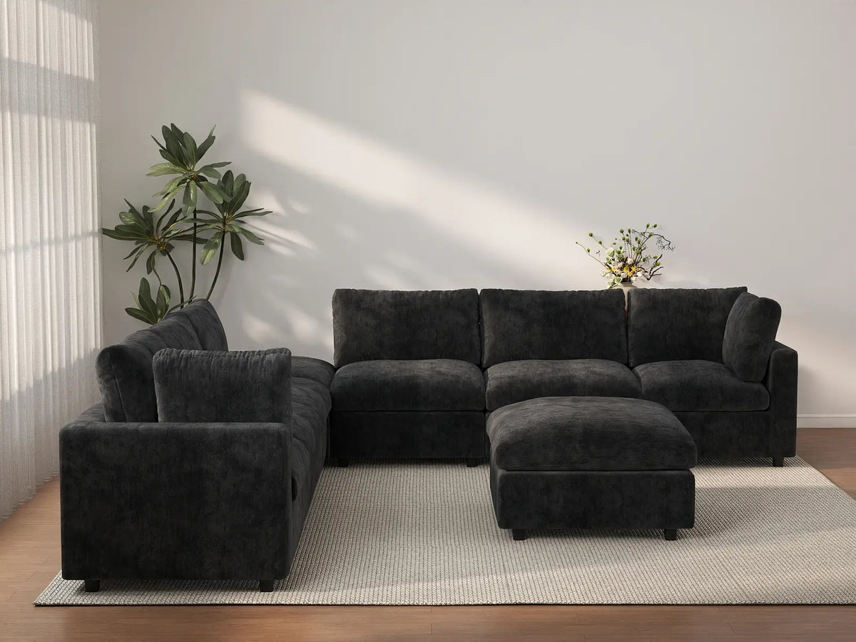 Deluxe Cloud 6-Seater Black Sofa Set | 8-Piece (Includes 2 Ottomans), Linen-Blend Chenille Fabric, Washable Cushion Covers