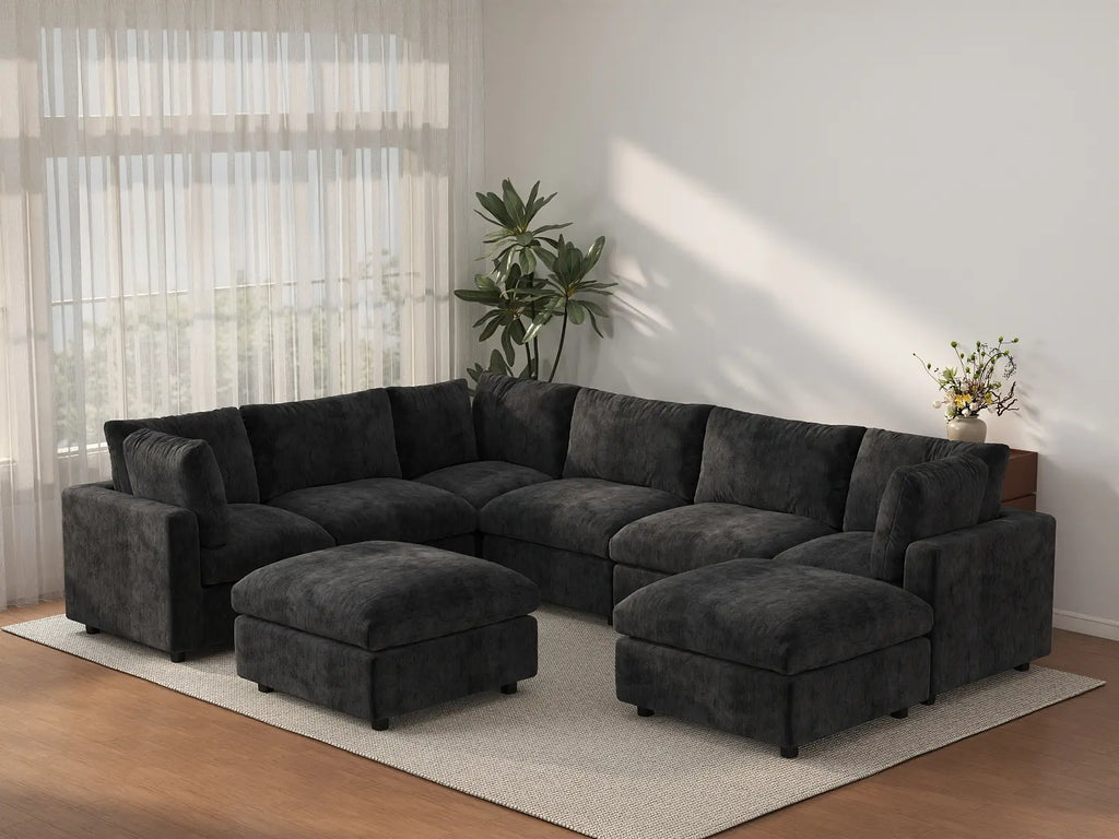 Deluxe Cloud 6-Seater Black Sofa Set | 8-Piece (Includes 2 Ottomans), Linen-Blend Chenille Fabric, Washable Cushion Covers