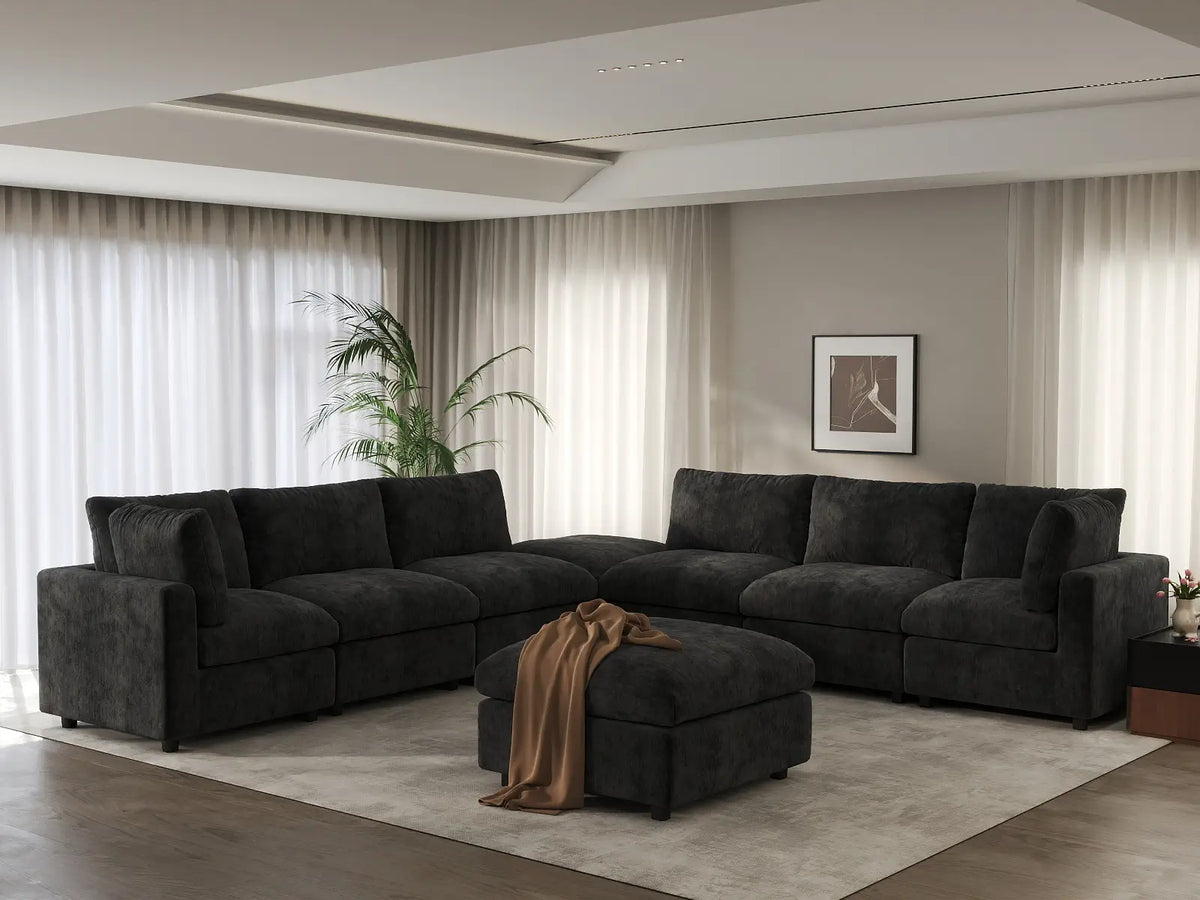 Deluxe Cloud 6-Seater Black Sofa Set | 8-Piece (Includes 2 Ottomans), Linen-Blend Chenille Fabric, Washable Cushion Covers