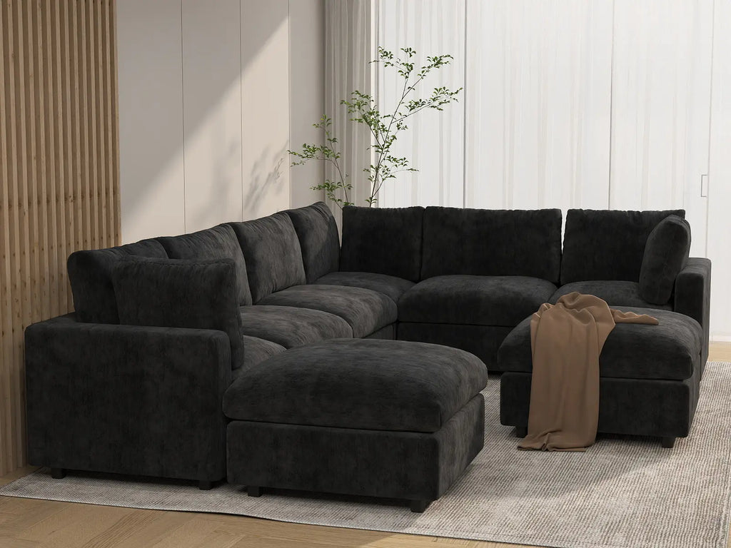 Deluxe Cloud 6-Seater Black Sofa Set | 8-Piece (Includes 2 Ottomans), Linen-Blend Chenille Fabric, Washable Cushion Covers