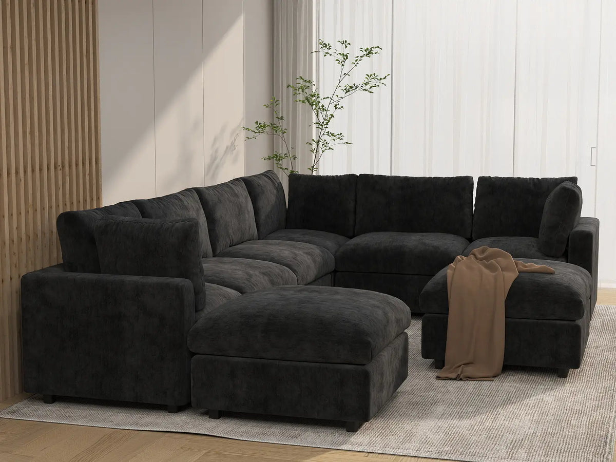 Deluxe Cloud 6-Seater Black Sofa Set | 8-Piece (Includes 2 Ottomans), Linen-Blend Chenille Fabric, Washable Cushion Covers