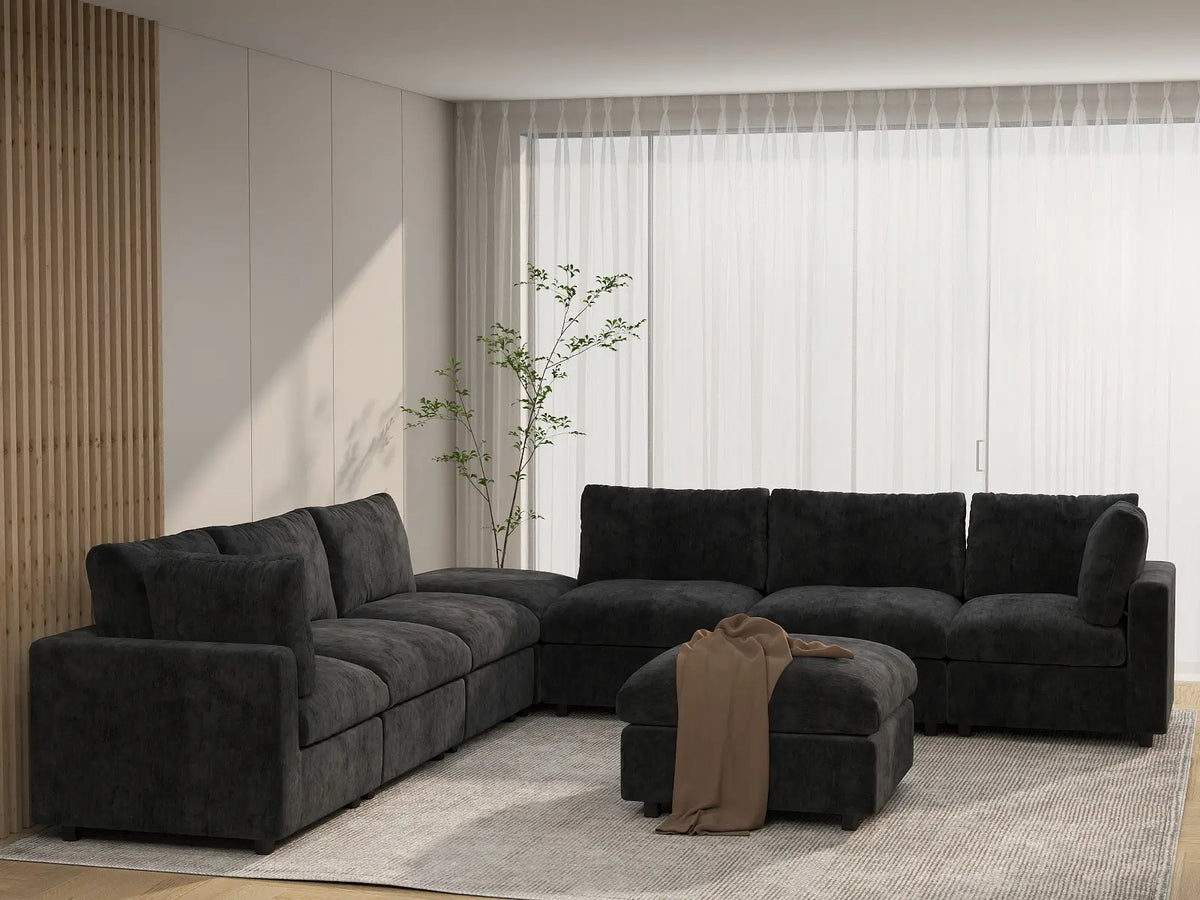 Deluxe Cloud 6-Seater Black Sofa Set | 8-Piece (Includes 2 Ottomans), Linen-Blend Chenille Fabric, Washable Cushion Covers