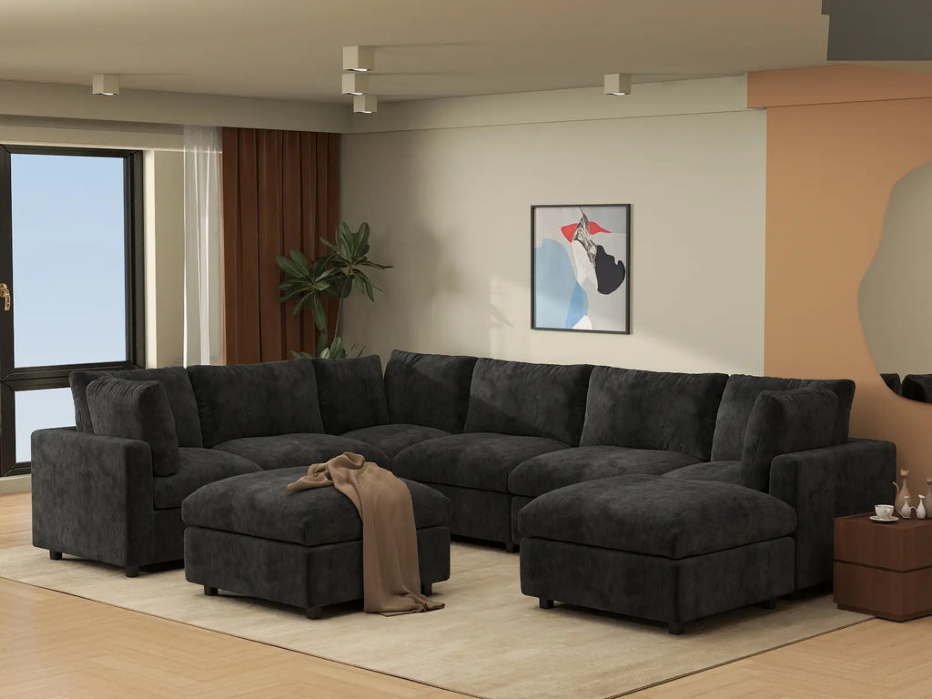 Deluxe Cloud 6-Seater Black Sofa Set | 8-Piece (Includes 2 Ottomans), Linen-Blend Chenille Fabric, Washable Cushion Covers