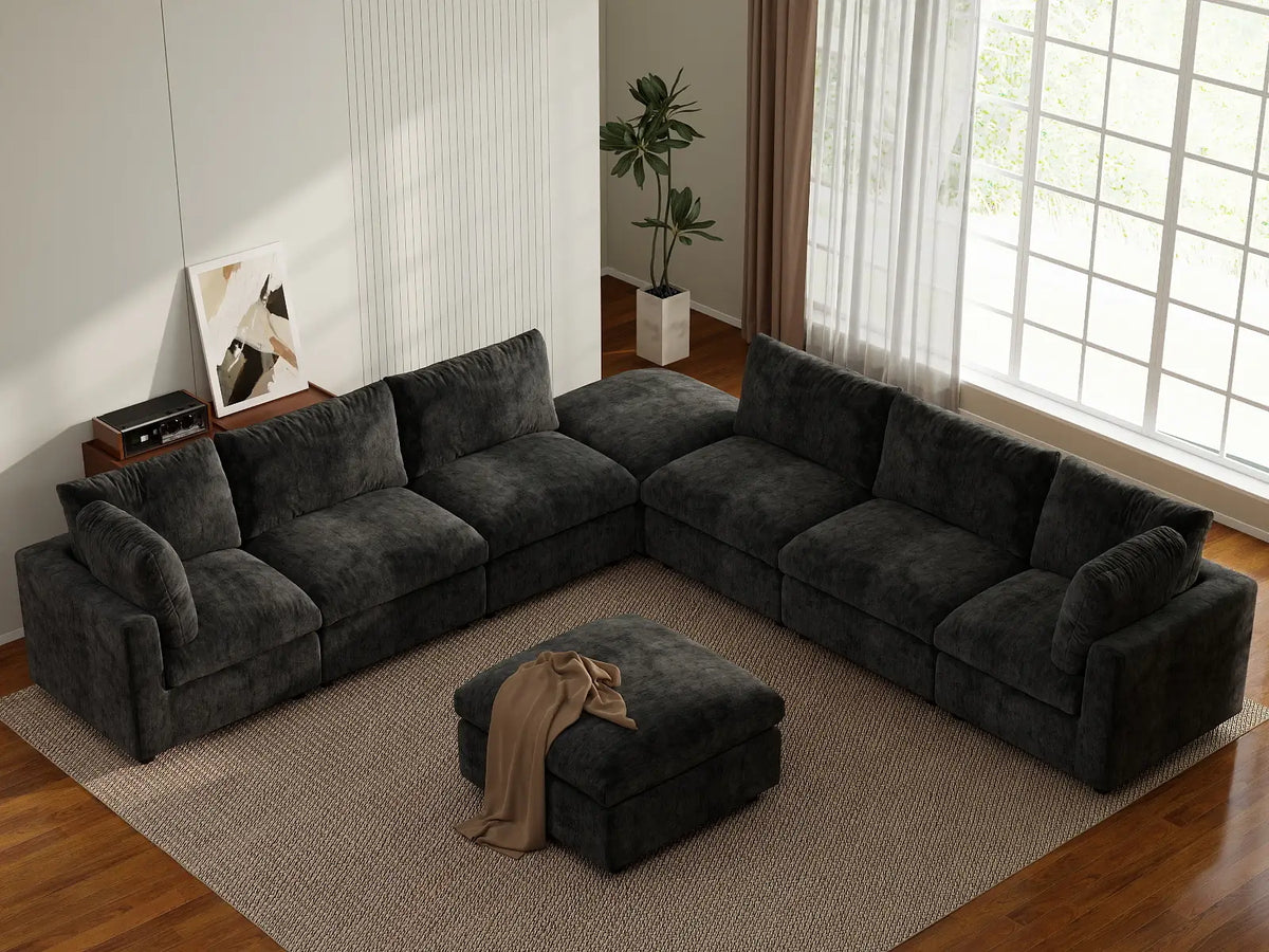 Deluxe Cloud 6-Seater Black Sofa Set | 8-Piece (Includes 2 Ottomans), Linen-Blend Chenille Fabric, Washable Cushion Covers