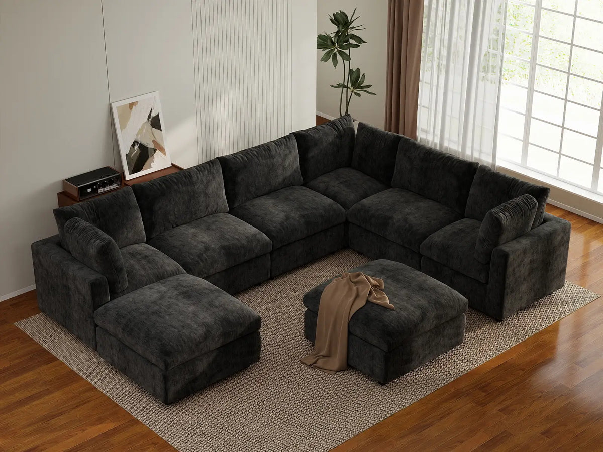 Deluxe Cloud 6-Seater Black Sofa Set | 8-Piece (Includes 2 Ottomans), Linen-Blend Chenille Fabric, Washable Cushion Covers