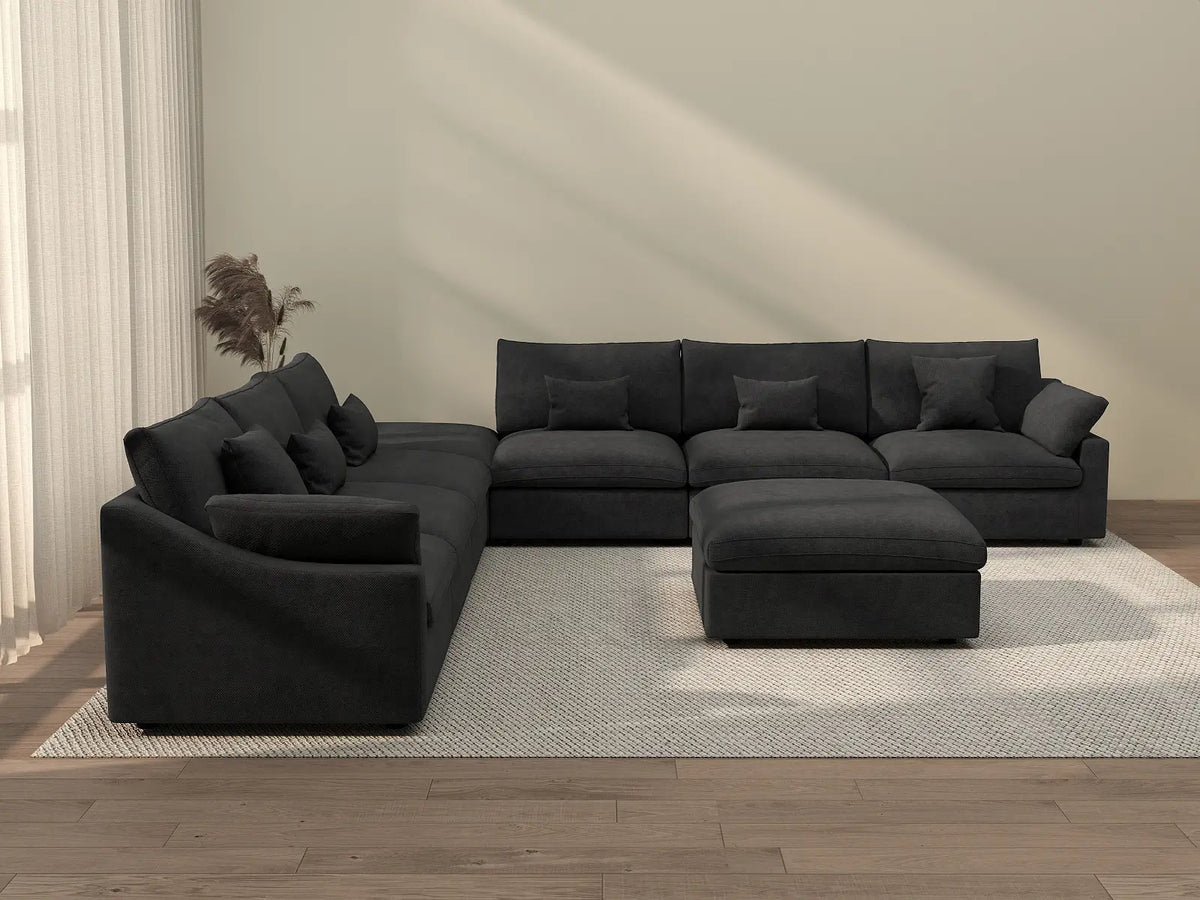Deluxe Cloud 6-Seater Black Washable Sofa Set | 8-Piece (includes 2 Ottomans), Chenille and Linen Fabric, Modular Design