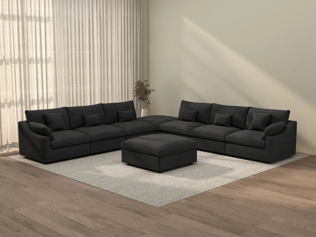 Deluxe Cloud 6-Seater Black Washable Sofa Set | 8-Piece (includes 2 Ottomans), Chenille and Linen Fabric, Modular Design