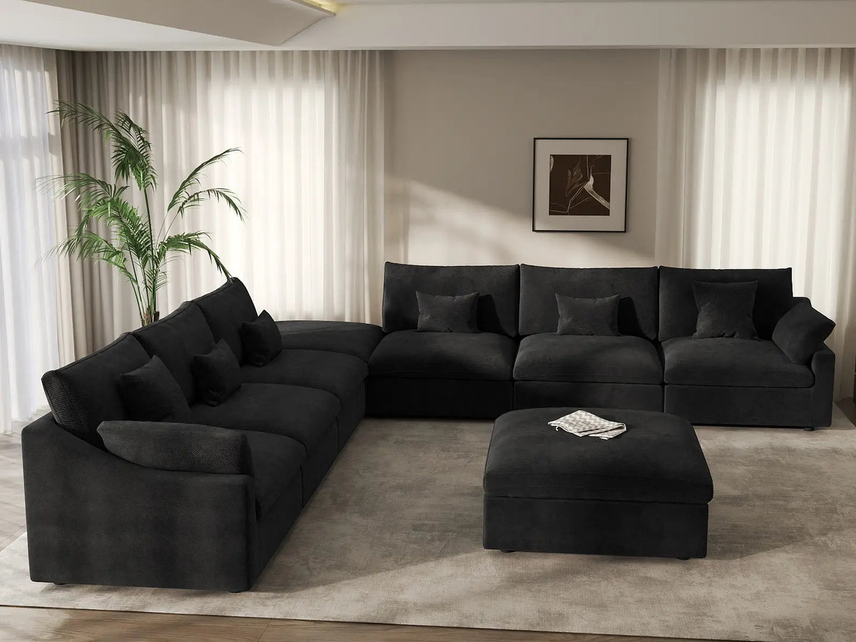 Deluxe Cloud 6-Seater Black Washable Sofa Set | 8-Piece (includes 2 Ottomans), Chenille and Linen Fabric, Modular Design