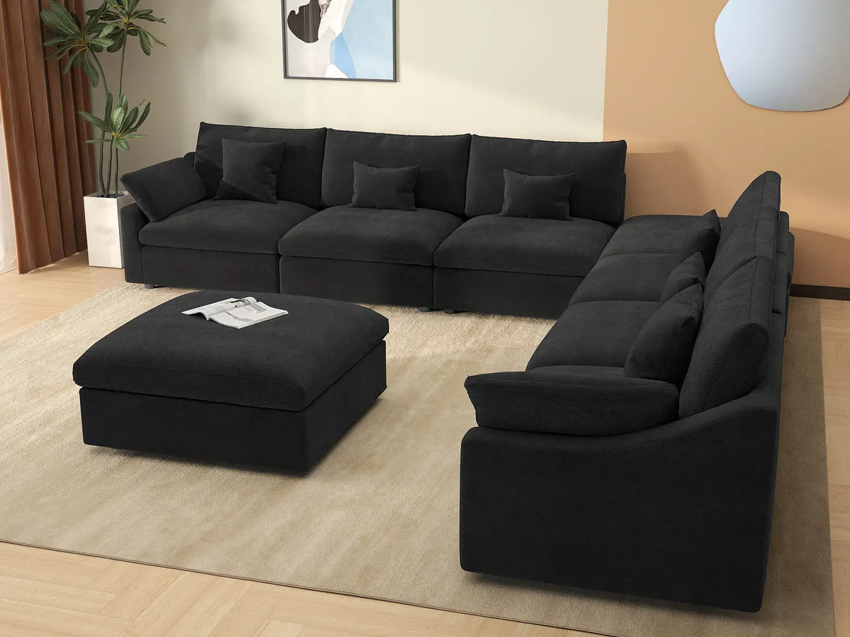 Deluxe Cloud 6-Seater Black Washable Sofa Set | 8-Piece (includes 2 Ottomans), Chenille and Linen Fabric, Modular Design