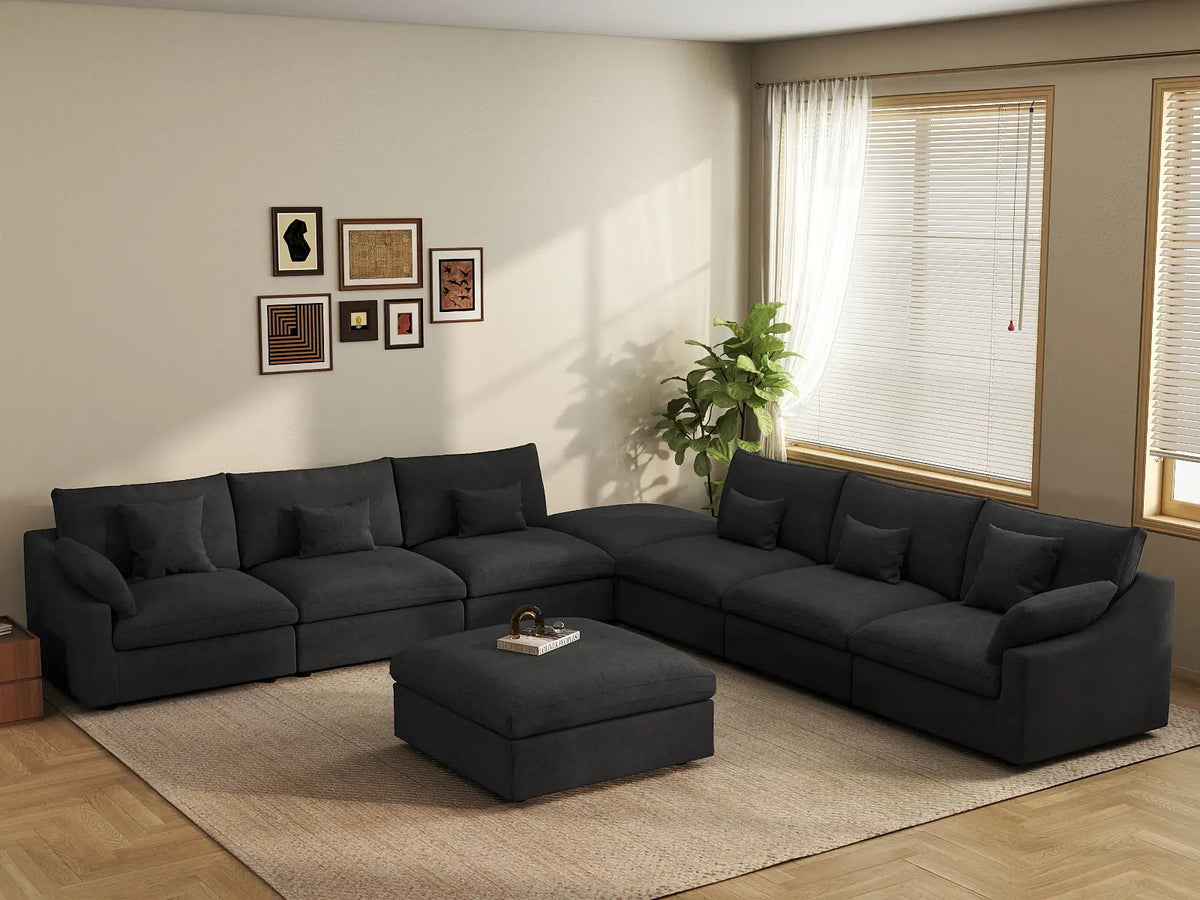 Deluxe Cloud 6-Seater Black Washable Sofa Set | 8-Piece (includes 2 Ottomans), Chenille and Linen Fabric, Modular Design