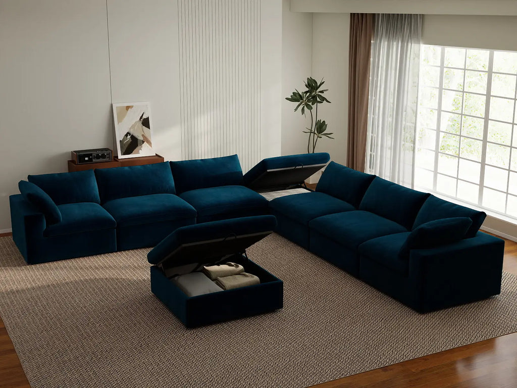 Deluxe Cloud 6-Seater Dark Blue Sofa Set | 8-Piece (Includes 2 Ottomans), Velvet Fabric, Living Room, Washable Cushion Covers