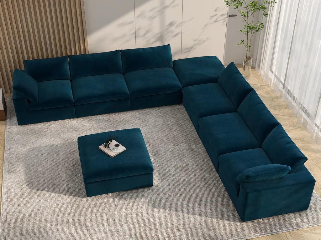 Deluxe Cloud 6-Seater Dark Blue Sofa Set | 8-Piece (Includes 2 Ottomans), Velvet Fabric, Living Room, Washable Cushion Covers