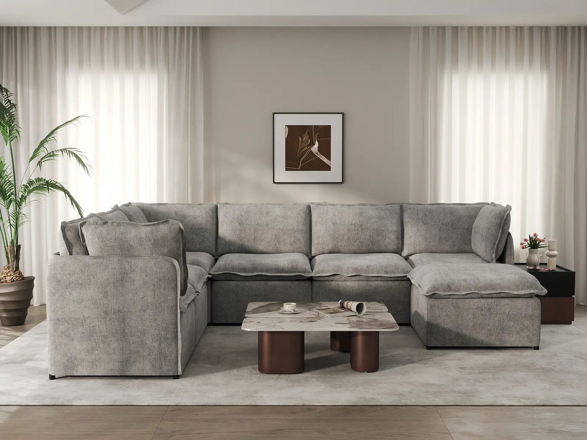Deluxe Cloud 6-Seater Grey Large Space Sofa Set | 7-Piece (Includes 1 Ottoman), Linen Look Poly Fabric, Easy To Clean