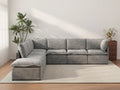 Deluxe Cloud 6-Seater Grey Large Space V-Shaped Sectional | 7-Piece (Includes 1 Ottoman), Linen Look Poly Fabric, Easy To Clean