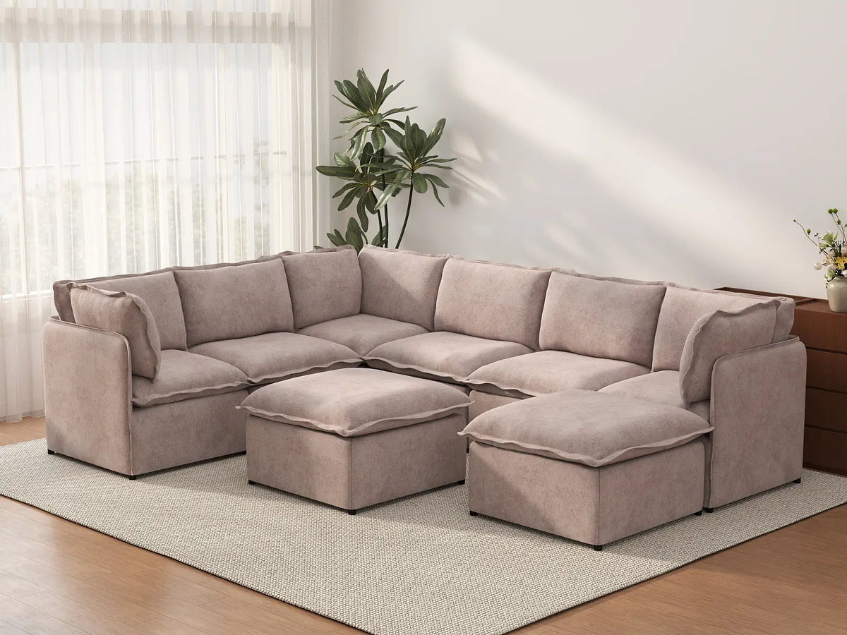 Deluxe Cloud 6-Seater Khaki Sofa Set | 8-Piece (Includes 2 Ottomans), Linen Look Poly Fabric, Washable Cushion Covers