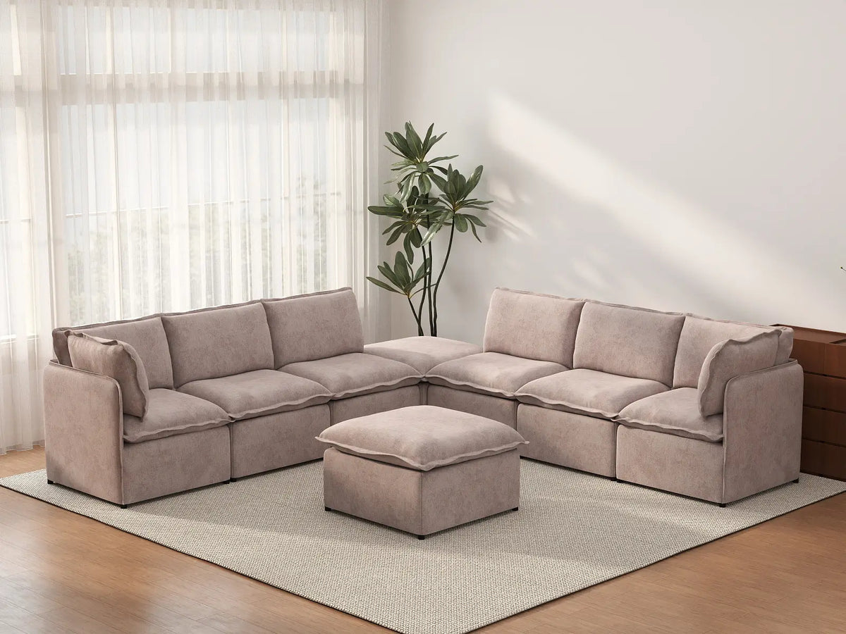Deluxe Cloud 6-Seater Khaki Sofa Set | 8-Piece (Includes 2 Ottomans), Linen Look Poly Fabric, Washable Cushion Covers