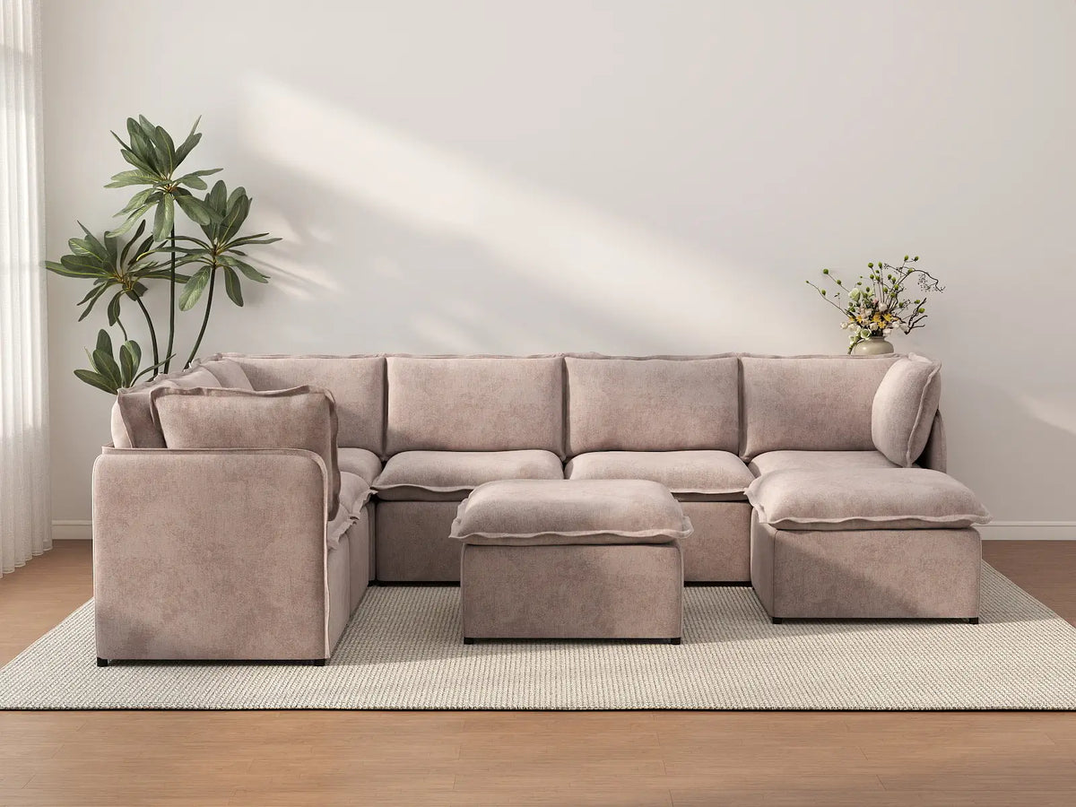 Deluxe Cloud 6-Seater Khaki Sofa Set | 8-Piece (Includes 2 Ottomans), Linen Look Poly Fabric, Washable Cushion Covers
