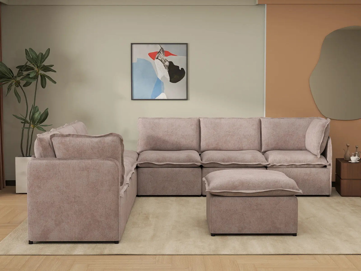 Deluxe Cloud 6-Seater Khaki Sofa Set | 8-Piece (Includes 2 Ottomans), Linen Look Poly Fabric, Washable Cushion Covers