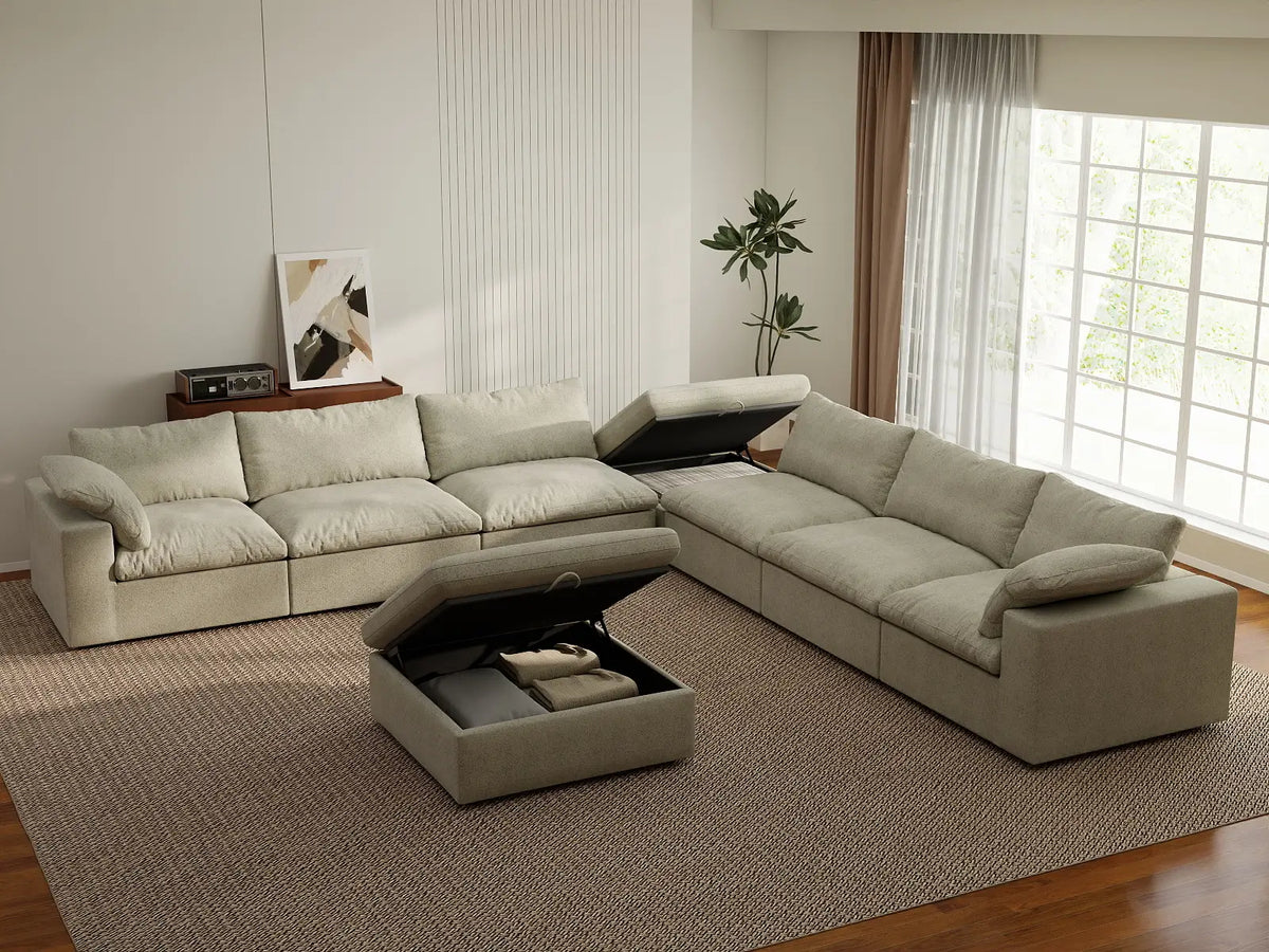 Deluxe Cloud 6-Seater Khaki Sofa Set | 8-Piece (Includes 2 Ottomans), Cotton And Linen Fabric, Living Room, Washable Cushion Covers