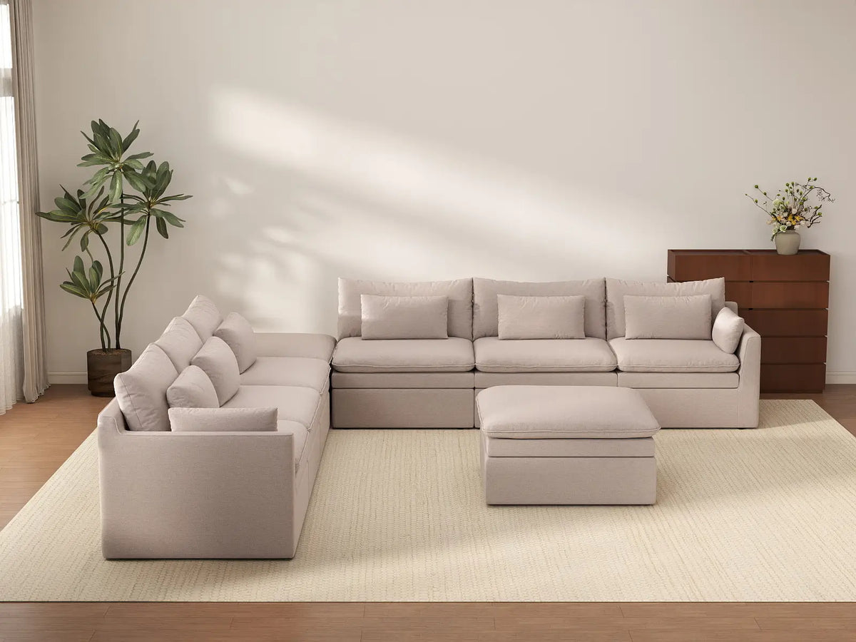 Deluxe Cloud 6-Seater Khaki Sofa Set | 8-Piece (Includes 2 Ottomans), Linen Look Poly Fabric, Washable Cushion Covers
