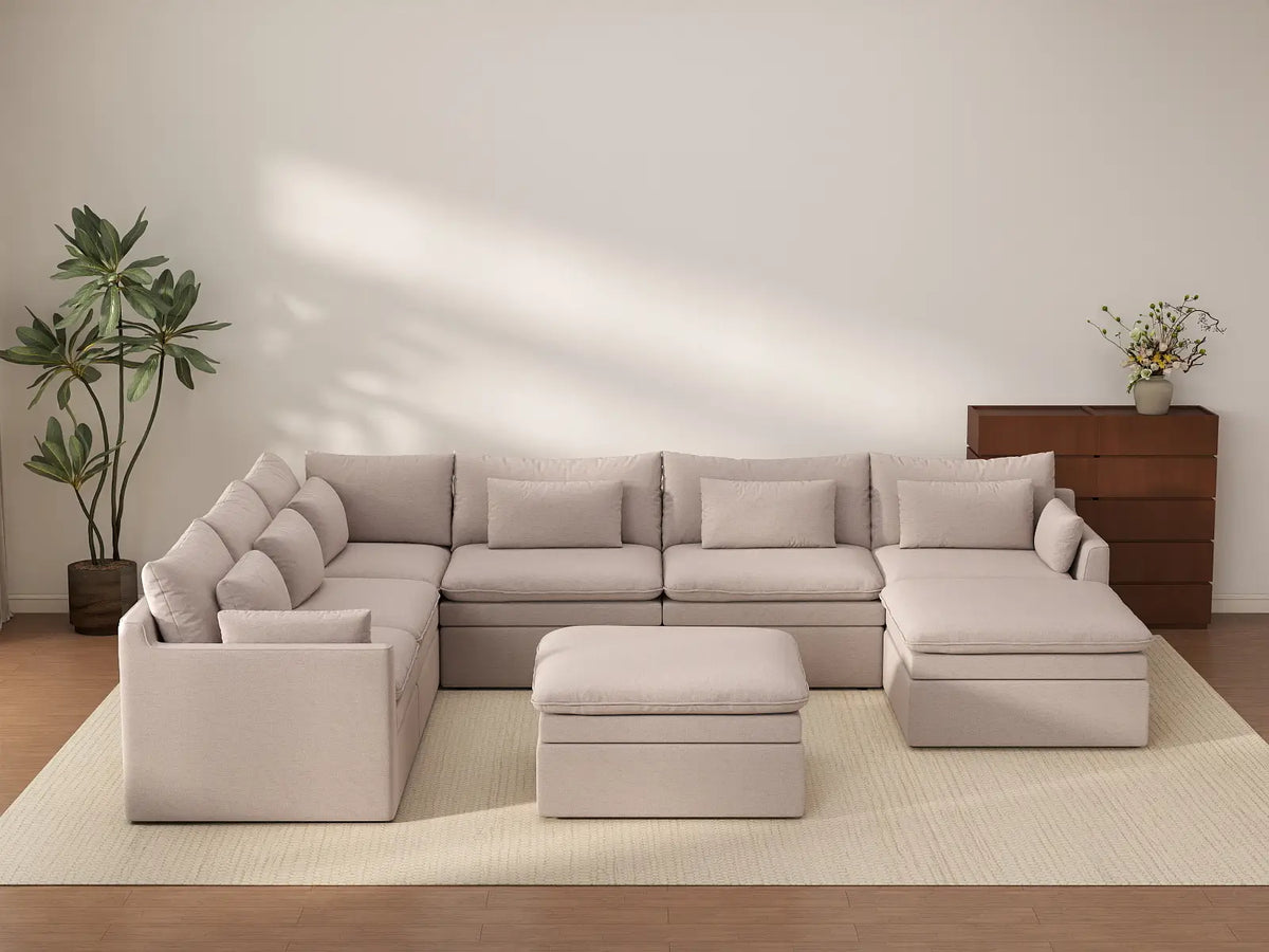 Deluxe Cloud 6-Seater Khaki Sofa Set | 8-Piece (Includes 2 Ottomans), Linen Look Poly Fabric, Washable Cushion Covers