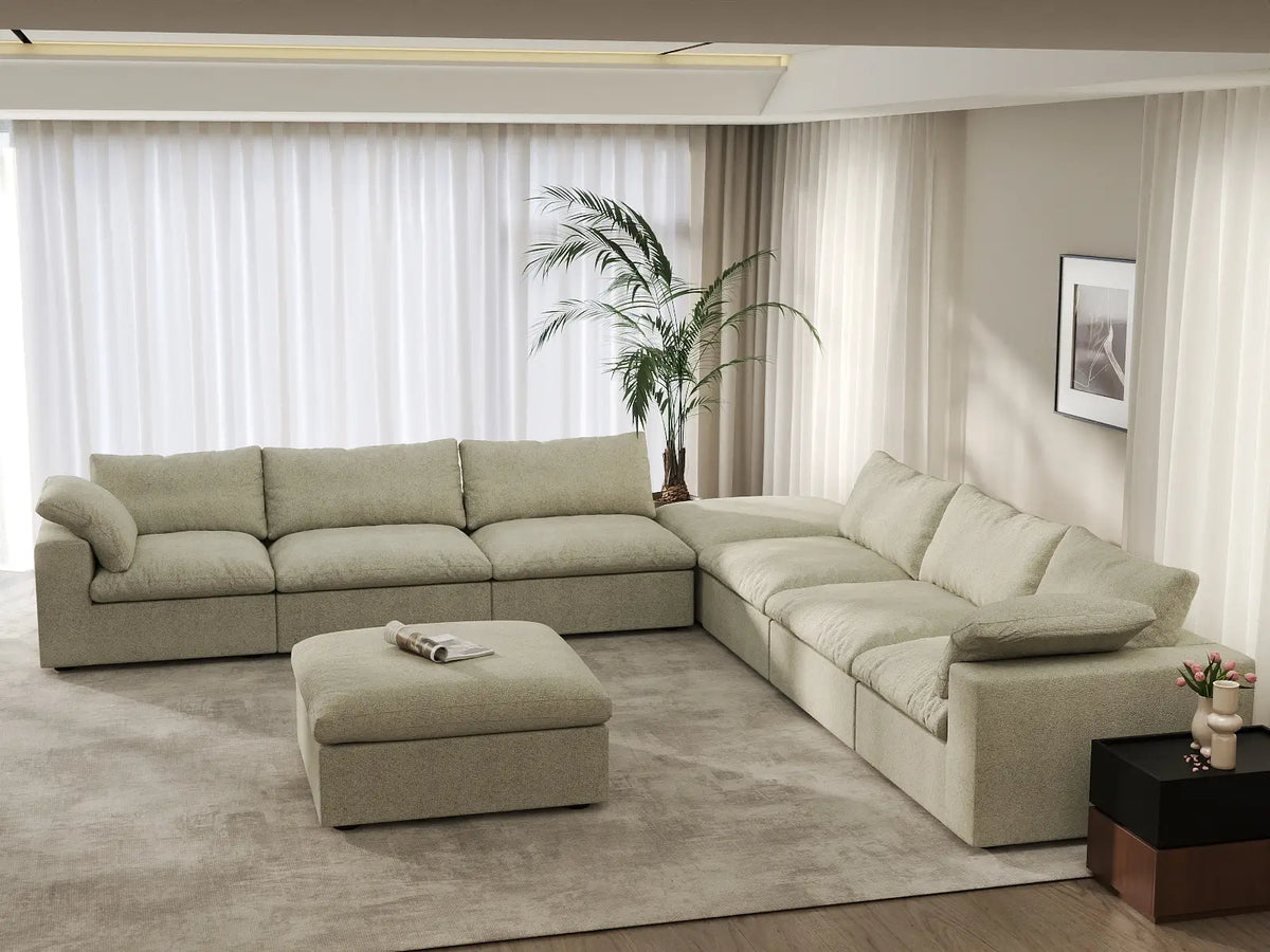 Deluxe Cloud 6-Seater Khaki Sofa Set | 8-Piece (Includes 2 Ottomans), Cotton And Linen Fabric, Living Room, Washable Cushion Covers