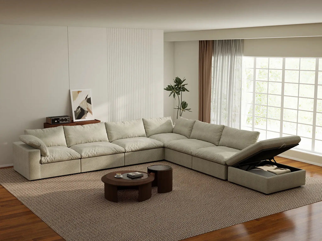 Deluxe Cloud 6-Seater Khaki V-Shaped Sectional | 7-Piece (Includes 1 Ottoman), Cotton And Linen Fabric, Living Room Seating, Washable Cushion Covers