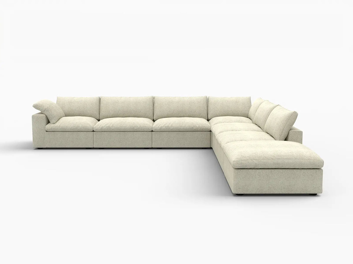 Deluxe Cloud 6-Seater Khaki V-Shaped Sectional | 7-Piece (Includes 1 Ottoman), Cotton And Linen Fabric, Living Room Seating, Washable Cushion Covers