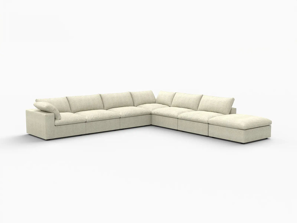 Deluxe Cloud 6-Seater Khaki V-Shaped Sectional | 7-Piece (Includes 1 Ottoman), Cotton And Linen Fabric, Living Room Seating, Washable Cushion Covers