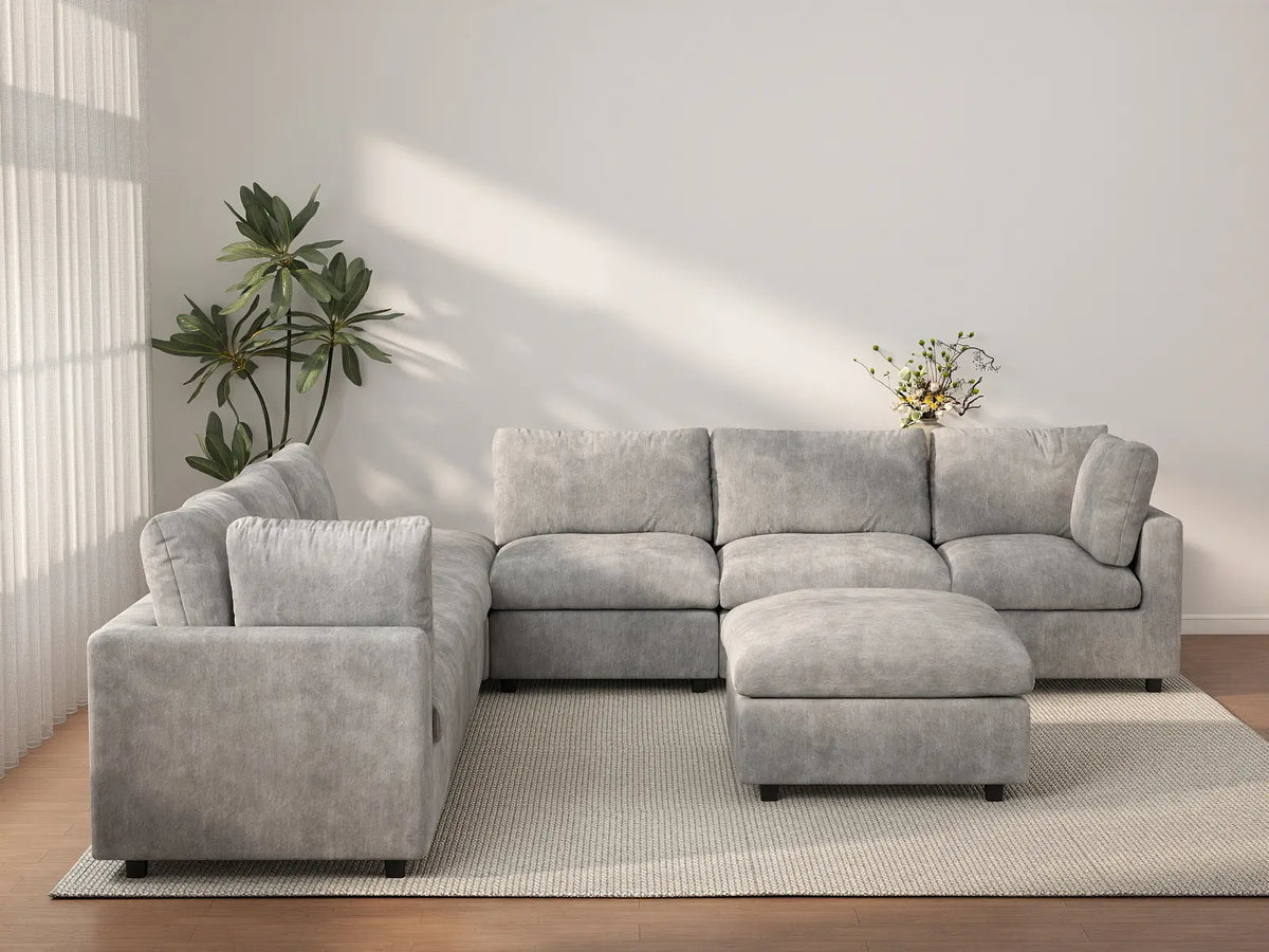 Deluxe Cloud 6-Seater Light Grey Sofa Set | 8-Piece (Includes 2 Ottomans), Linen-Blend Chenille Fabric, Washable Cushion Covers