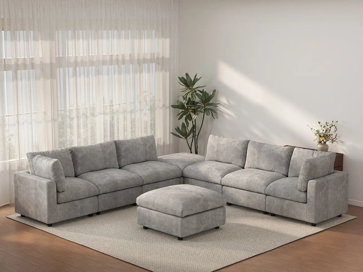 Deluxe Cloud 6-Seater Light Grey Sofa Set | 8-Piece (Includes 2 Ottomans), Linen-Blend Chenille Fabric, Washable Cushion Covers