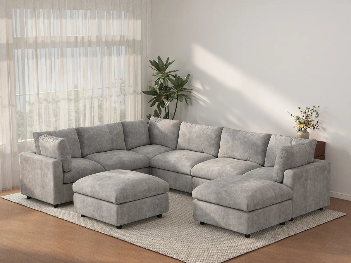 Deluxe Cloud 6-Seater Light Grey Sofa Set | 8-Piece (Includes 2 Ottomans), Linen-Blend Chenille Fabric, Washable Cushion Covers