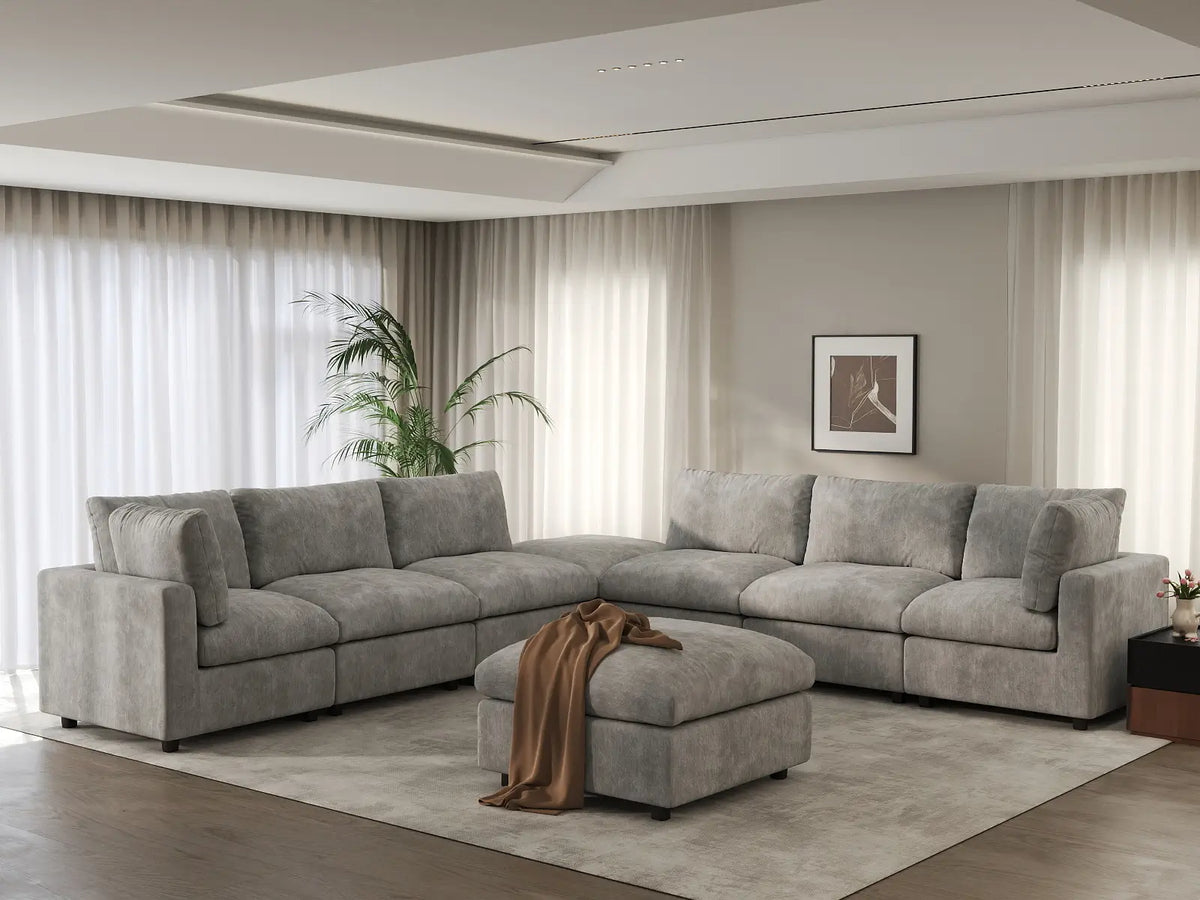 Deluxe Cloud 6-Seater Light Grey Sofa Set | 8-Piece (Includes 2 Ottomans), Linen-Blend Chenille Fabric, Washable Cushion Covers