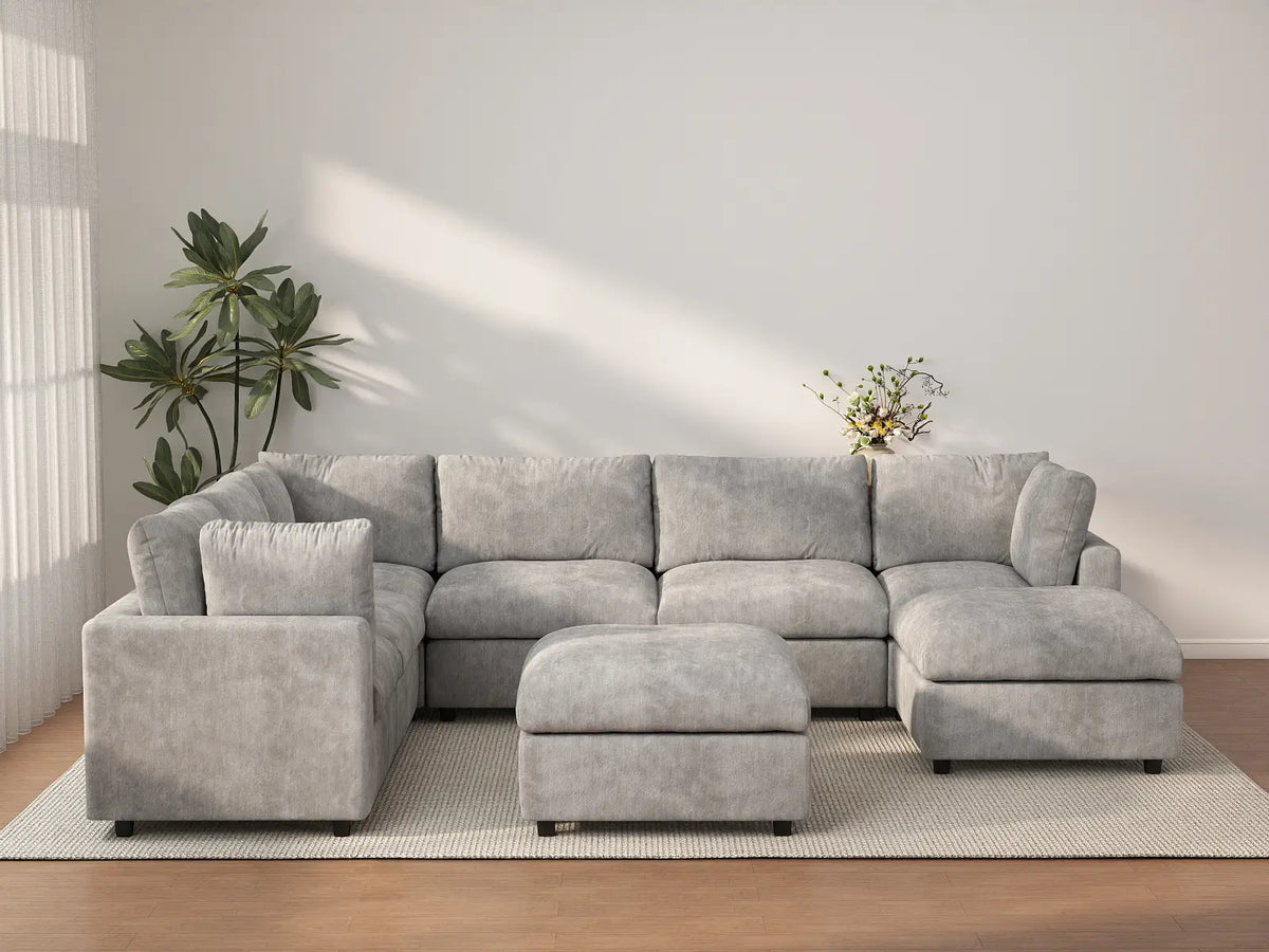 Deluxe Cloud 6-Seater Light Grey Sofa Set | 8-Piece (Includes 2 Ottomans), Linen-Blend Chenille Fabric, Washable Cushion Covers