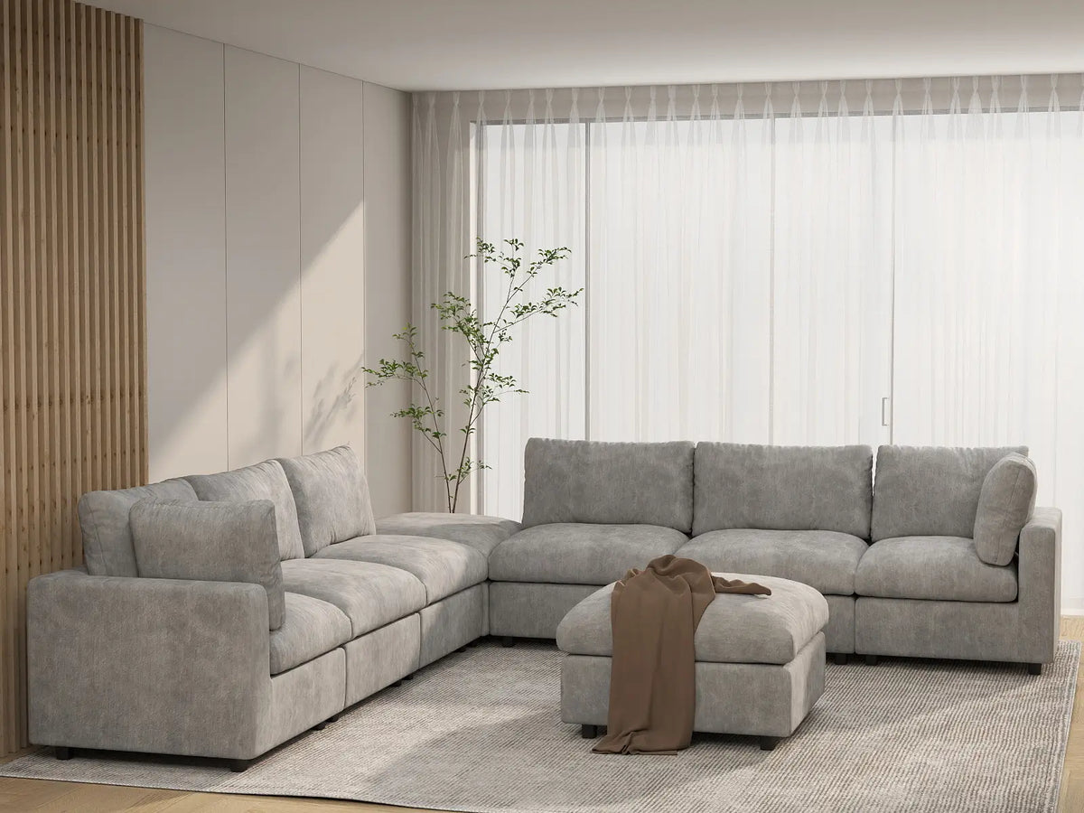 Deluxe Cloud 6-Seater Light Grey Sofa Set | 8-Piece (Includes 2 Ottomans), Linen-Blend Chenille Fabric, Washable Cushion Covers