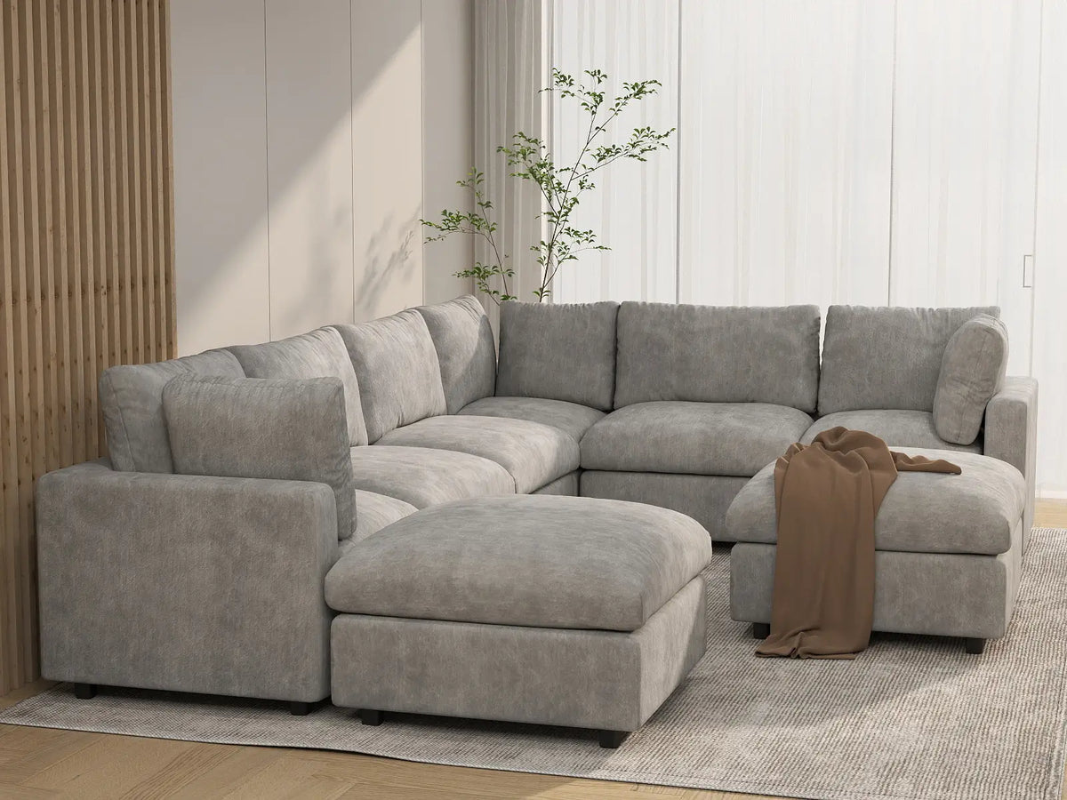 Deluxe Cloud 6-Seater Light Grey Sofa Set | 8-Piece (Includes 2 Ottomans), Linen-Blend Chenille Fabric, Washable Cushion Covers