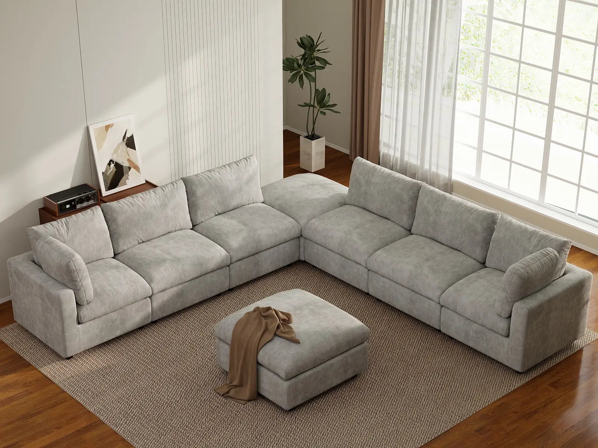 Deluxe Cloud 6-Seater Light Grey Sofa Set | 8-Piece (Includes 2 Ottomans), Linen-Blend Chenille Fabric, Washable Cushion Covers