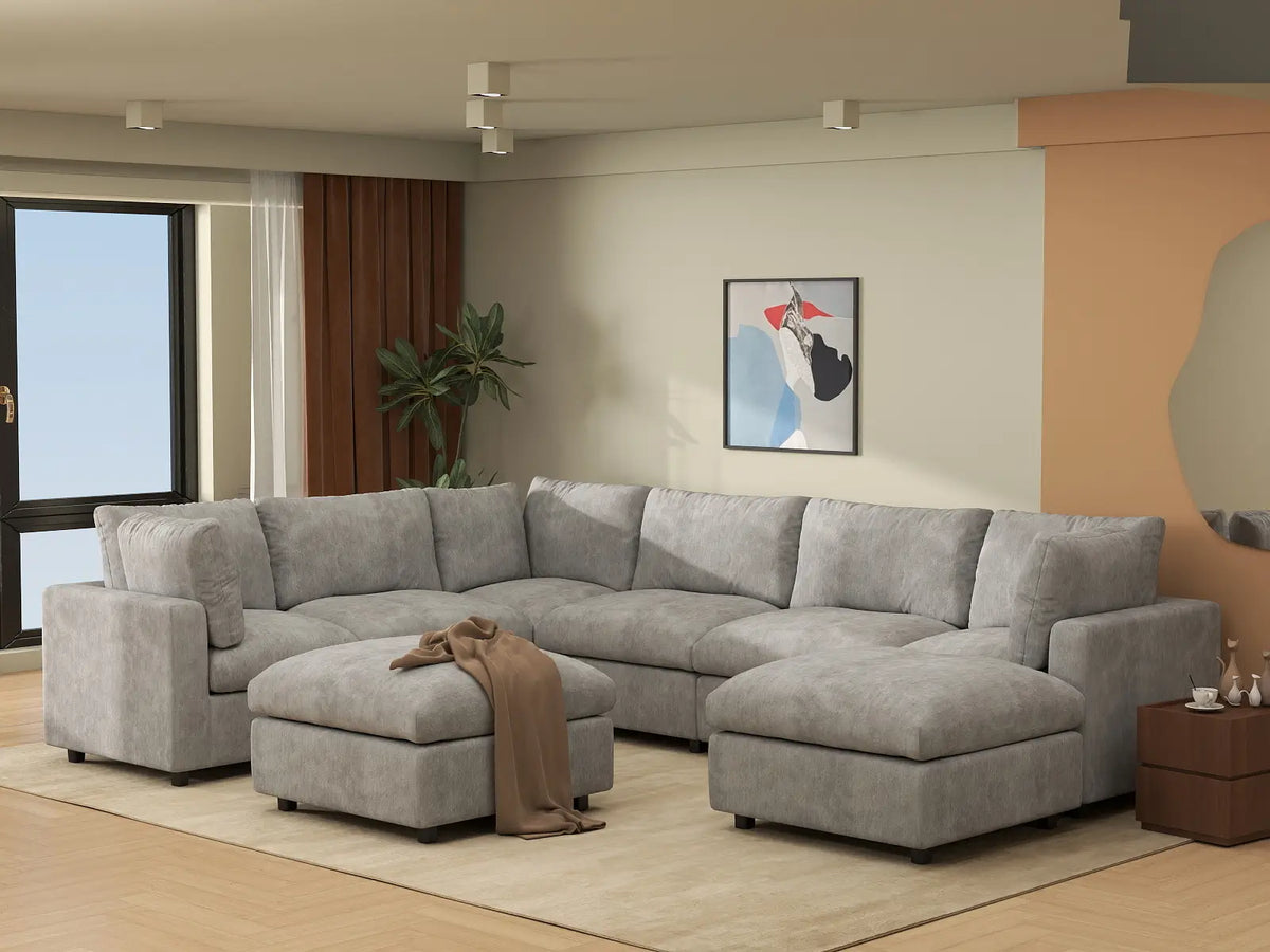 Deluxe Cloud 6-Seater Light Grey Sofa Set | 8-Piece (Includes 2 Ottomans), Linen-Blend Chenille Fabric, Washable Cushion Covers