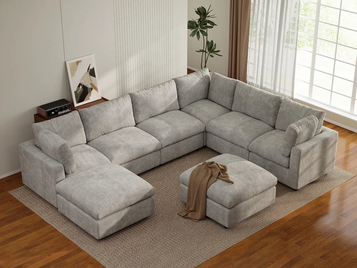 Deluxe Cloud 6-Seater Light Grey Sofa Set | 8-Piece (Includes 2 Ottomans), Linen-Blend Chenille Fabric, Washable Cushion Covers